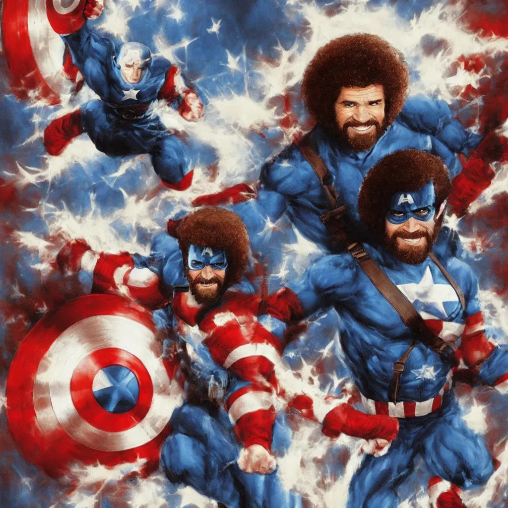 Image similar to Bob Ross as Captain America