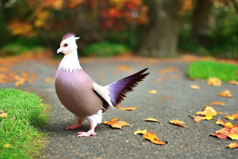 Image similar to real life pidgey pokemon, cute!!!, adorable!!!, playful!!!, happy!!!, cheeky!!!, mischievous!!!, ultra realistic!!!, autumn, clear weather, golden hour, sharp focus