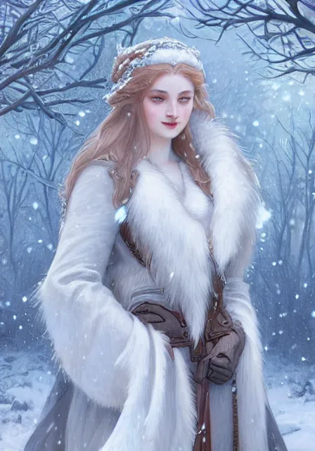 Image similar to sansa snow queen furry ice cold winter, intricate, elegant, highly detailed, digital painting, artstation, concept art, smooth, sharp focus, illustration, art by artgerm and greg rutkowski and alphonse mucha and william - adolphe bouguereau