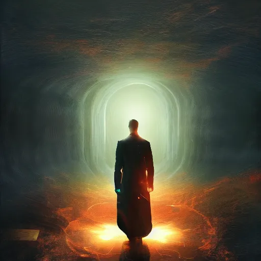 Prompt: a painting of a man open a multiverse portal to another reality, cinematic still, cinematic lighting, highly detailed, intricate, sharp focus, trending on artstation