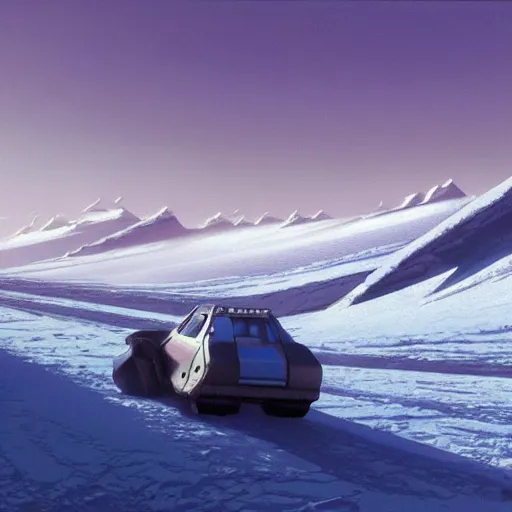 Image similar to Frozen frontiers on an alien planet, floating mountains above clouds in the background, vanishing perspective of a road, ravine, Syd Mead, John Harris, Federico Pelat,