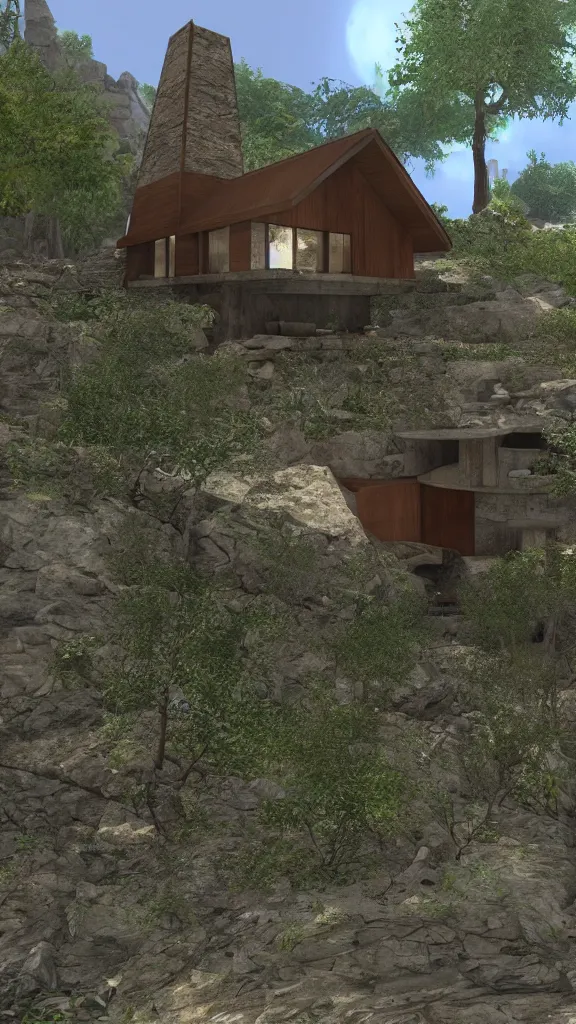 Prompt: a modernist house in the video game myst