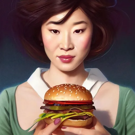 Prompt: portrait of Connie Chung eating hamburgers, extra onions and ketchup, luscious patty with sesame seeds, feminine ethereal, handsome, D&D, fantasy, intricate, elegant, highly detailed, digital painting, artstation, concept art, matte, sharp focus, illustration, art by Artgerm and Greg Rutkowski and Alphonse Mucha