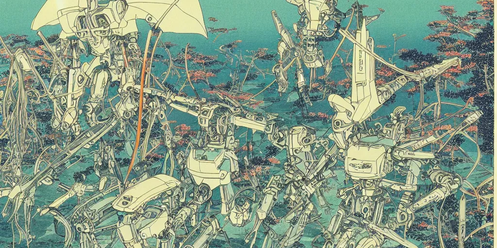 Prompt: gigantic dragonflies, tiny robots, a lot of exotic mecha robots around, human heads everywhere, risograph by kawase hasui, satoshi kon and moebius, 2 d gouache illustration, omnious, intricate, swimming pools and ice, fullshot
