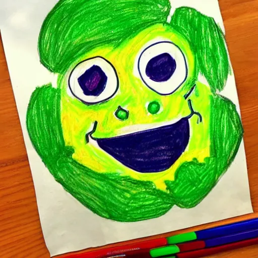 Image similar to a children's drawing of a smiling happy broccoli, he is dancing, vivid bright colors, color pencils are scattered around on the paper