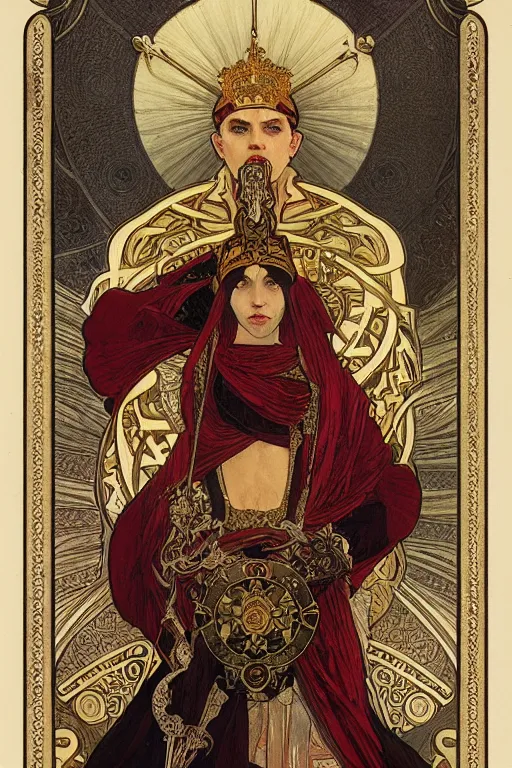 Prompt: tarot card, the emperor, medieval, super detailed, ornate, by alphonse mucha, artstation, greg rutkowski, symmetry, red, gold, white, black, 8 k