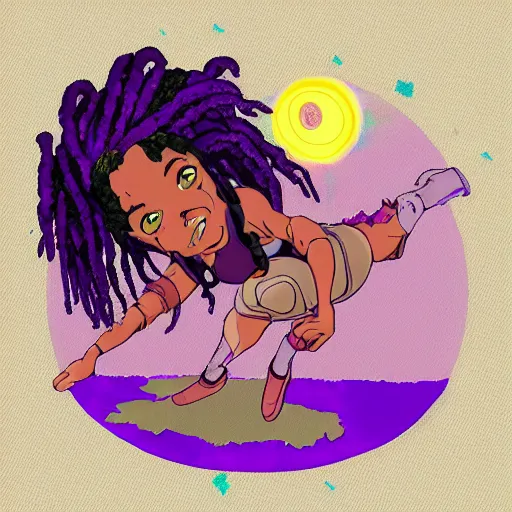 Image similar to black woman with purple dreads in space in the style of ghibli