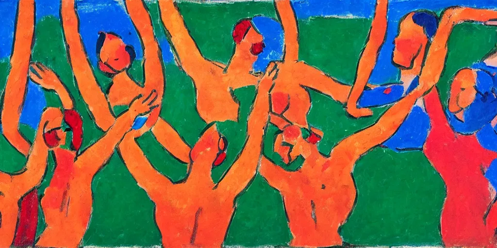 Prompt: A detailed expressionist painting of six dancers holding hands raised together, joined in a circle, in the style of Matisse