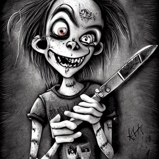 Image similar to grunge cartoon drawing of a cute chucky holding a knife and smiling by - michael karcz , in the style of corpse bride, loony toons style, horror themed, detailed, elegant, intricate