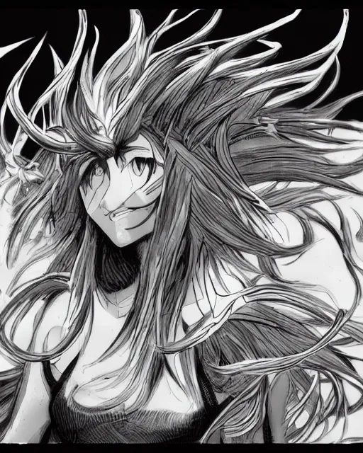 Prompt: Mind Flayers wind-like hair posing on a boat, black and white, fantasy art, monster art, in the style of masami kurumada, illustration, epic, fantasy, intricate, hyper detailed, artstation, concept art, smooth, sharp focus, ray tracing