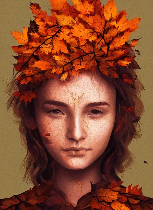 Prompt: a woman made of autumn leaves, digital painting, trending on artstation, ambient lighting, highly detailed