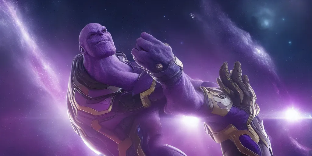 Prompt: Thanos fusing with outer space, with Infinity, hyperdetailed, artstation, cgsociety, 8k