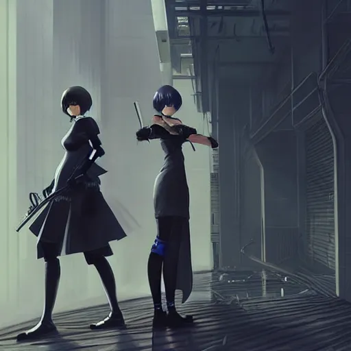 Image similar to realistic render 2 b and 9 s from nier automata by ross draws, futuristic dystopian city by ilya kuvshinov, digital anime art by ross tran, extreme intricate details, composition by sana takeda, lighting by greg rutkowski