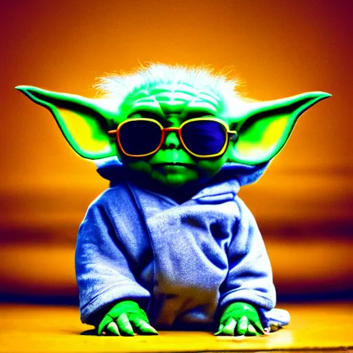 portrait photo of baby yoda wearing sunglasses, blue Stable Diffusion
