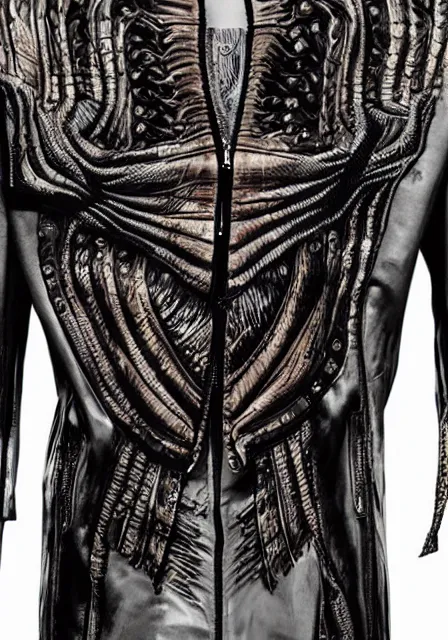 Image similar to designer menswear jacket inspired by h. r. giger designed by alexander mcqueen