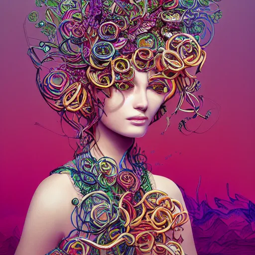 Image similar to the portrait of a ridiculously beautiful and elegant russian woman partially made of onion rings of all colors, an ultrafine detailed illustration by james jean, final fantasy, intricate linework, bright colors, behance contest winner, vanitas, angular, altermodern, unreal engine 5 highly rendered, global illumination, radiant light, detailed and intricate environment