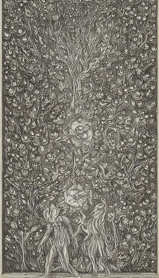 Prompt: The end of an organism, by Louis Wain engraved on a wooden board