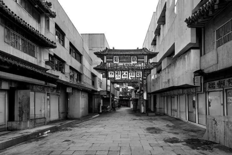 Prompt: Brutalist Chinatown architecture at the break of dawn