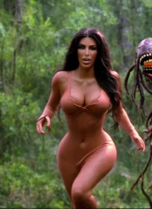 Image similar to film still of kim kardashian as daisy duke in the movie predator, being chased in fear, cinematic shot, 4k.