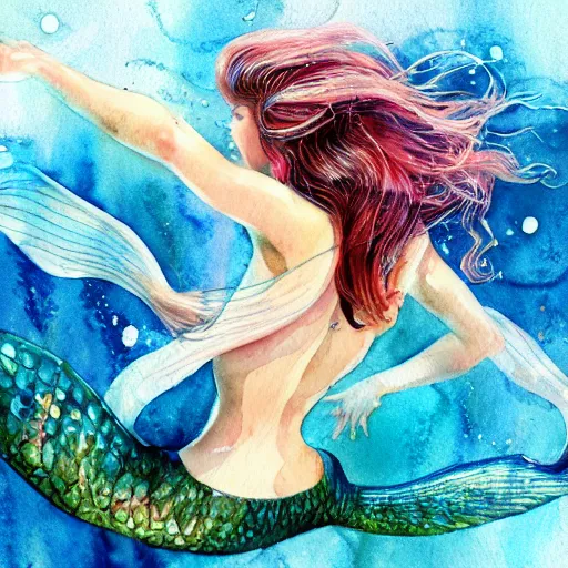 Prompt: watercolor beautiful mermaid swimming underwater, watercolor, hyperdetailed, 4 k, artstation,