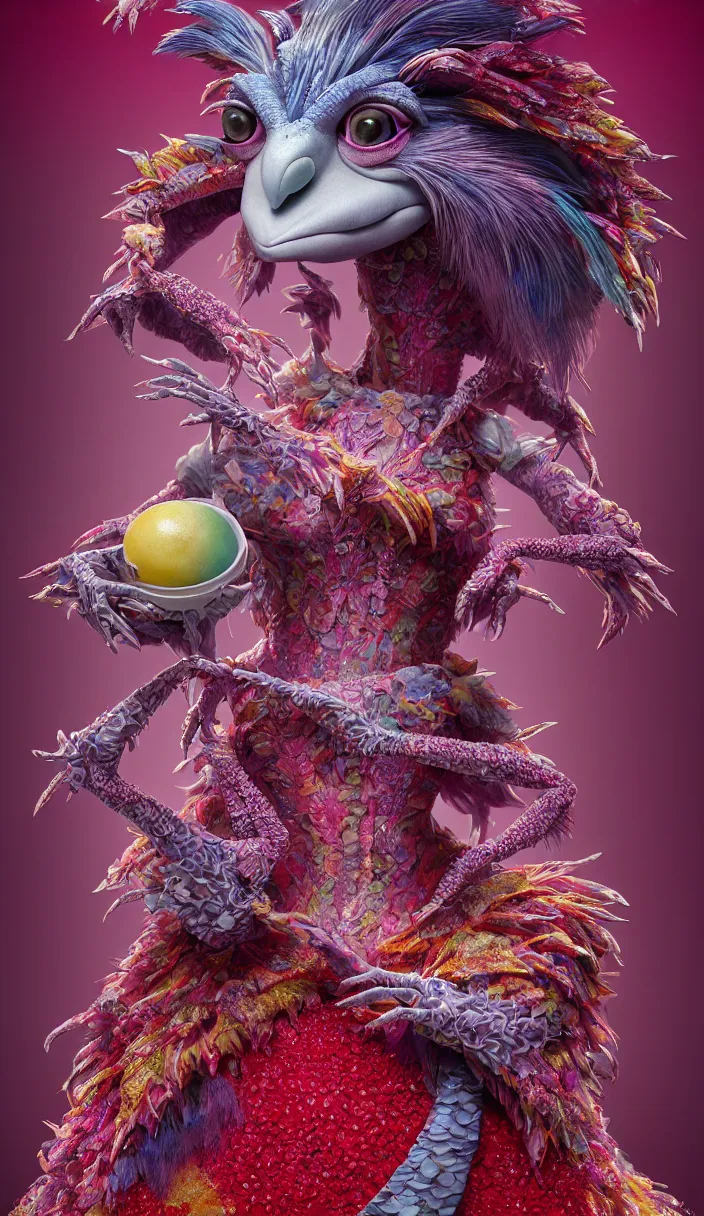 Image similar to hyper detailed 3d render like a Oil painting - kawaii portrait of four Aurora (a beautiful skeksis muppet fae queen from dark crystal that looks like Anya Taylor-Joy) seen red carpet photoshoot in UVIVF posing in scaly dress to Eat of the Strangling network of yellowcake aerochrome and milky Fruit and His delicate Hands hold of gossamer polyp blossoms bring iridescent fungal flowers whose spores black the foolish stars by Jacek Yerka, Ilya Kuvshinov, Mariusz Lewandowski, Houdini algorithmic generative render, Abstract brush strokes, Masterpiece, Edward Hopper and James Gilleard, Zdzislaw Beksinski, Mark Ryden, Wolfgang Lettl, hints of Yayoi Kasuma and Dr. Seuss, octane render, 8k