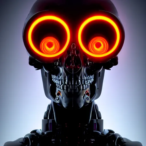 Image similar to real human skull with robotic circular orange light electronic eyes in eye sockets, cyberpunk, futurism