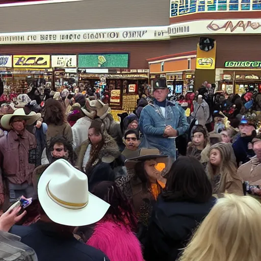 Image similar to local news roadside interview, an 8 foot tall prairie dog human cryptid creature wearing a white cowboy hat standing in the middle of a huge crowd inside a black friday sale in a busy store