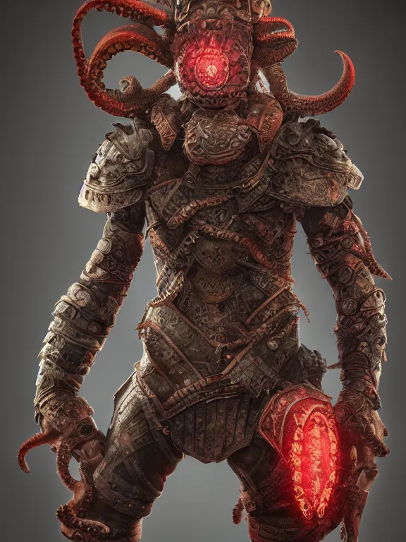 Image similar to full body frontview portrait of warrior wearing octopus armour, character, designed in blender, 4 k hd, octane render, intricate and highly detailed, coloured with lots of colour, cinematic, posing,