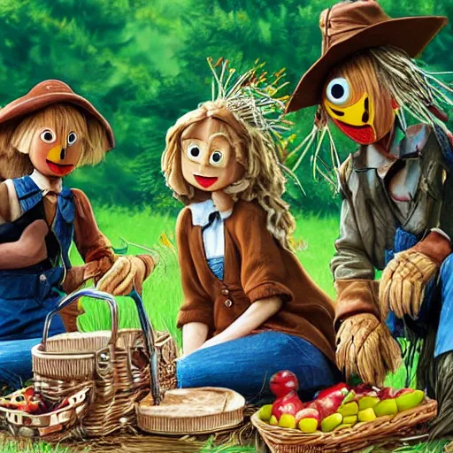 Prompt: scarecrow has a picnic, extremely photorealistic