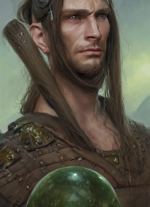 Image similar to a warrior in his twenties with long light brown hair tied back, light green eyes, a large forehead, a widows peak and a round face with high cheekbones and full lips as a realistic d & d fantasy character, portrait art by donato giancola and greg rutkowski, vintage retro, realistic face, digital art, trending on artstation