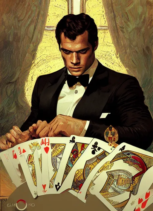 Image similar to portrait of henry cavill as james bond, casino, poker cards, highly detailed, digital painting, artstation, concept art, cinematic lighting, sharp focus, illustration, by gaston bussiere alphonse mucha