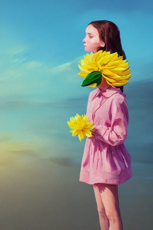 Image similar to closeup girl with huge yellow dahlia flower face, on the beach, surreal photography, blue sky, sunrise, dramatic light, impressionist painting, digital painting, artstation, simon stalenhag