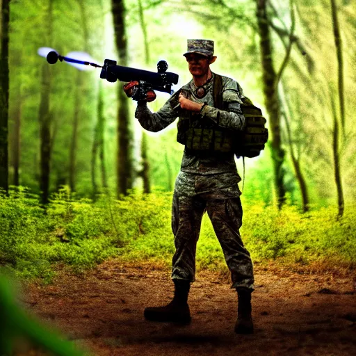 Image similar to A soldier in a forest shooting at an enemy drone with his machine gun, HDR, 8k, trending on artstation