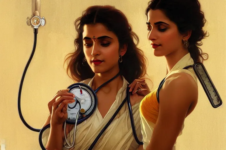 Image similar to sensual pale beautiful indian doctor in jeans with stethoscope, art deco portrait, elegant, intricate, digital painting, artstation, concept art, smooth, sharp focus, illustration, art by artgerm and greg rutkowski and alphonse mucha