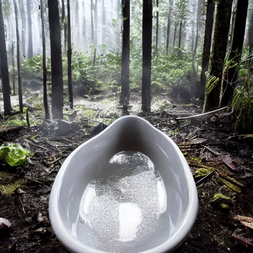 Prompt: pristine porcelain bath filled with bubbles in a clearcut rainforest, slash and burn, cleared forest, deforestation, bubble bath, tree stumps, smouldering charred timber