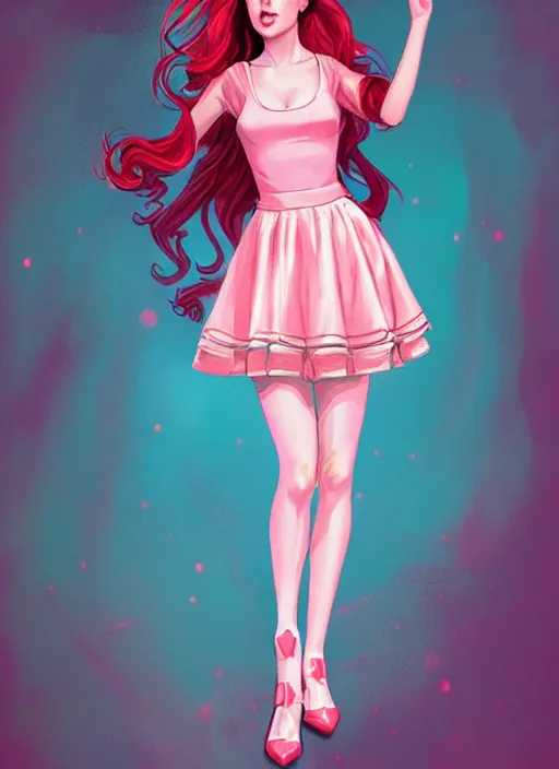 Image similar to full body portrait of teenage cheryl blossom, bangs, green eyes, sultry expression, red hair, sultry smirk, bangs and wavy hair, pink skirt, intricate, elegant, glowing lights, highly detailed, digital painting, artstation, concept art, smooth, sharp focus, illustration, art by wlop, mars ravelo and greg rutkowski