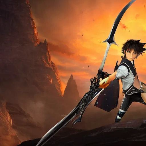 Image similar to a dark haired boy wielding a lance. character design. gesture drawing. line of action. official art, unreal engine 5, unreal engine. tetsuya nomura. kingdom hearts. medium shot. coherent. ray tracing hdr. 8 k. uhd. sharp focus. highly detailed. masterpiece. anime render. cinematic lighting. lifelike.