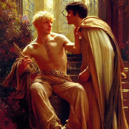 Prompt: attractive, arthur pendragon in love with attractive male, merlin the mage. highly detailed painting by gaston bussiere, craig mullins, j. c. leyendecker