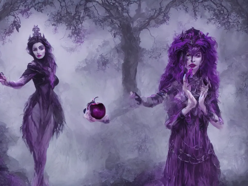 Prompt: evil fantasy queen with black hair holding an apple with both hands in the violet forest dark forest, frame from a fantasy movie, very detailed, cinematic, artstation trending.