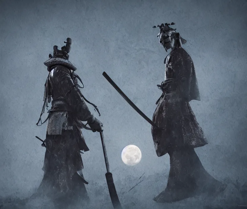 Prompt: a samurai haunted by ghosts full moon on background , gloomy and foggy atmosphere, octane render, artstation trending, horror scene, highly detailded