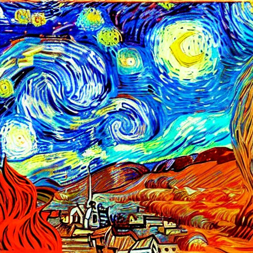 Image similar to starry night on mars, red dust, snakes, dim distant light, towers, painting by van gogh