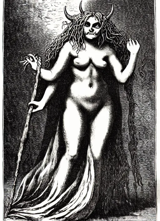 Image similar to ursula the sea witch as a demon from the dictionarre infernal, etching by louis le breton, 1 8 6 9, 1 2 0 0 dpi scan, ultrasharp detail, clean scan