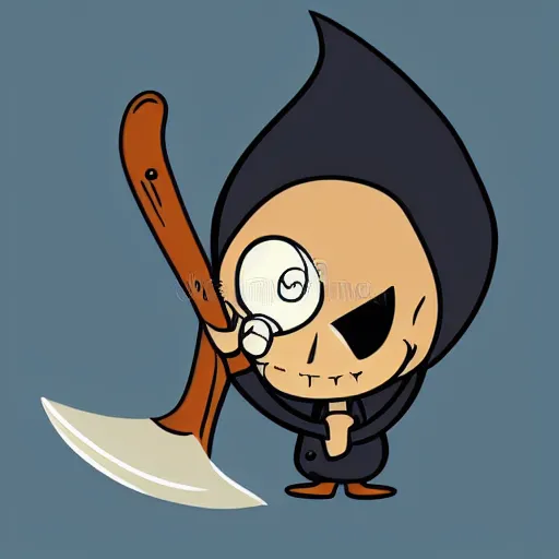 Image similar to cute cartoon drawing of a grim reaper with childish proportions holding a scythe, big head, big eyes, skull head, vector illustration, style of disney animation