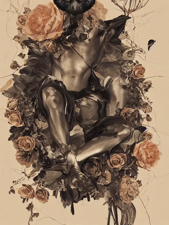 Prompt: Symmetrical painting of a fractured obsidian greek statue of an owl fixed with kintsugi, rendered in octane trending on cgsociety. Extremely detailed and intricate art, many roses in hands, dressed in a biomechanical dress of a demon by Roberto Ferri, stands in the pose of a super hero on a golden stone, silk, fabric, birds, flowers. red plastic. baroque elements, human skull. full-length view. baroque element. intricate artwork by caravaggio. birds on background. Trending on artstation. halo. octane render, cinematic, hyper realism, octane render, 8k, depth of field, bokeh. iridescent accents. vibrant. teal and gold and red colour scheme