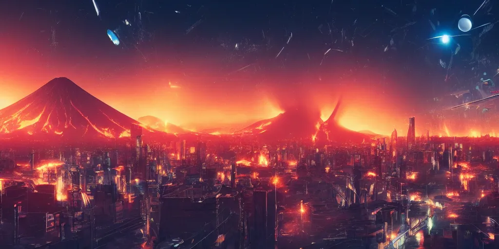 Image similar to large cyberpunk city on fire with volcano erupting in the background and several planets in the sky, sharp focus, highly detailed, night