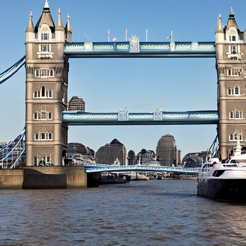 Prompt: photo of yacht next to tower bridge