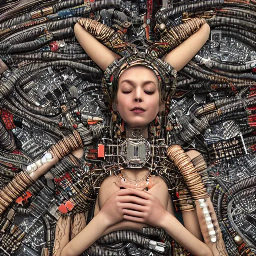 Image similar to tapping in to something greater, piles of modular synth cables, goddess laying down wearing a headpiece made of circuit boards, by cameron gray, wlop, stanley kubrick, masamune, hideki anno, unique perspective, trending on artstation, 3 d render, vivid