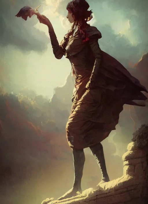 Image similar to hyper realistic photo of victorian prehistoric wizard girl, full body, rule of thirds, conceptart, saturated colors, cinematic, greg rutkowski, brom, james gurney, mignola, craig mullins, artstation, cgsociety