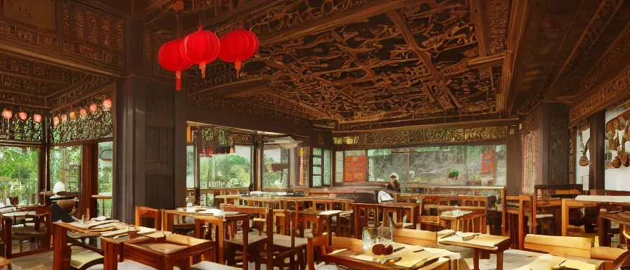 Prompt: a beautiful simple interior 4 k hd wallpaper illustration of small roasted string hotpot restaurant restaurant, from china, wallpaper with pagoda and mountain, fine simple delicate structure, chinese style, simple style structure decoration design, victo ngai, 4 k hd