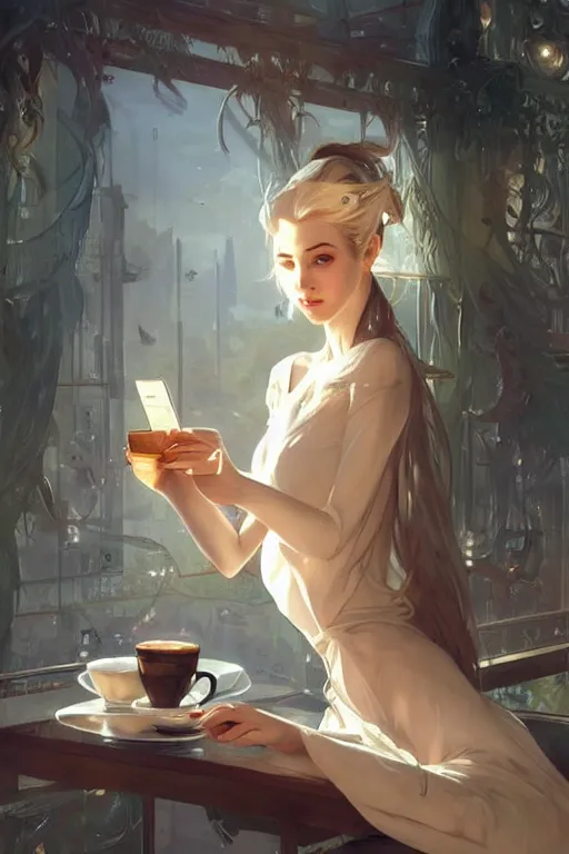 Image similar to an attractive serene cute android in a cafe, partially human , partially biomedical design , natural atmosphere, great high details, highly reaslitic, cinematic lighting, intricate, elegant, super highly detailed, art station, concept arD, beautiful, delicate, art by artgerm and greg rutkowski and alphonse mucha and loish and WLOP